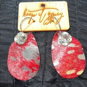 KEEP IT GYPSY RED & SILVER  HAIR ON HIDE BOUGIE EARRINGS WITH BIG CRYSTAL STONE